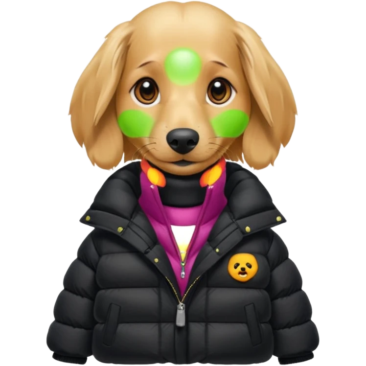 Long hair blonde Daschund dog in huge black puffer  emoji