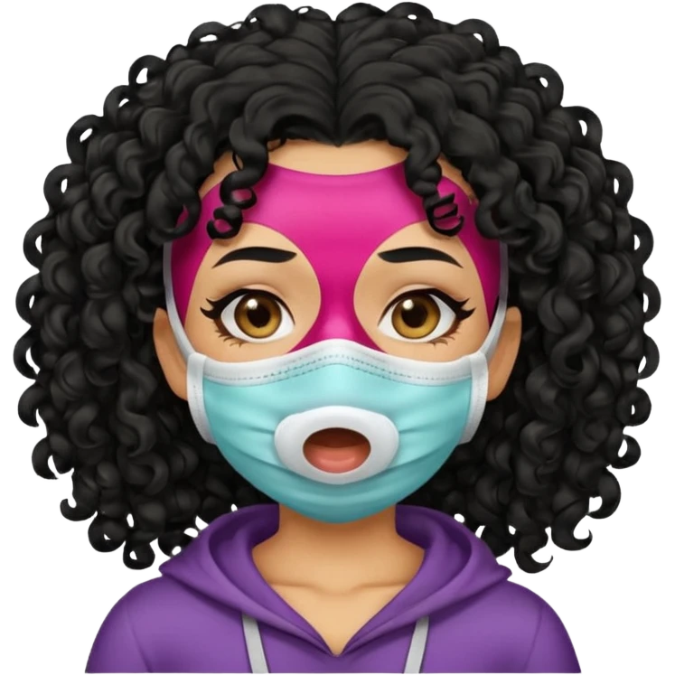 a pretty tan bratz girl with black curly hair. no makeup, looking sick, wearing a mask, coughing emoji