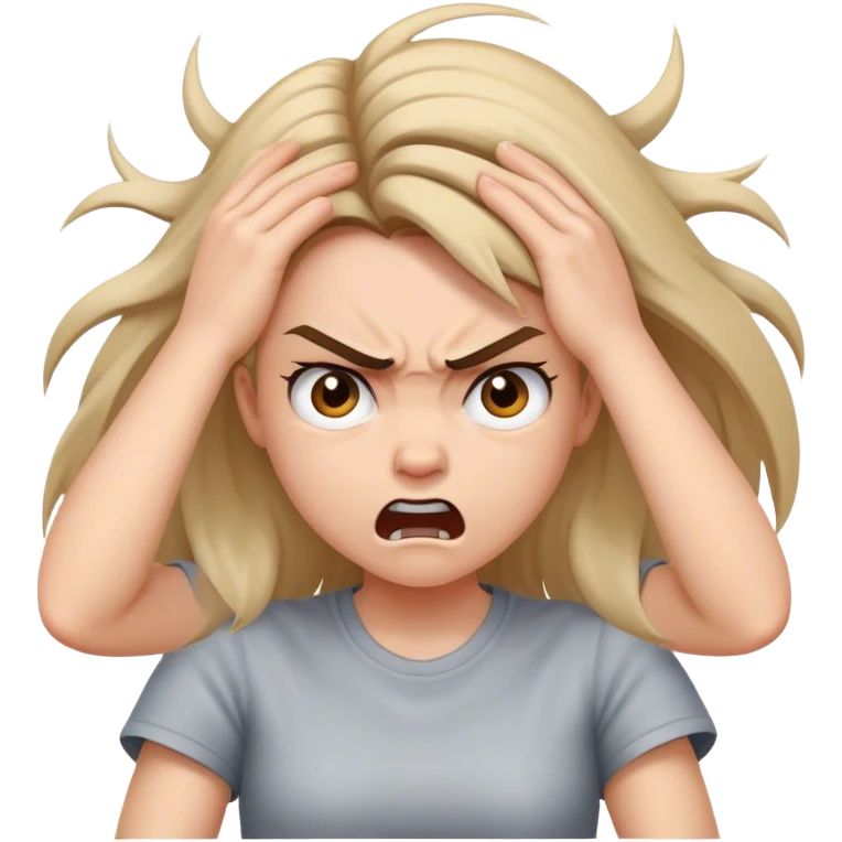 An emoji of a girl’s face pulling her hair, looking very angry, and pulling her hair really hard because she’s extremely mad emoji