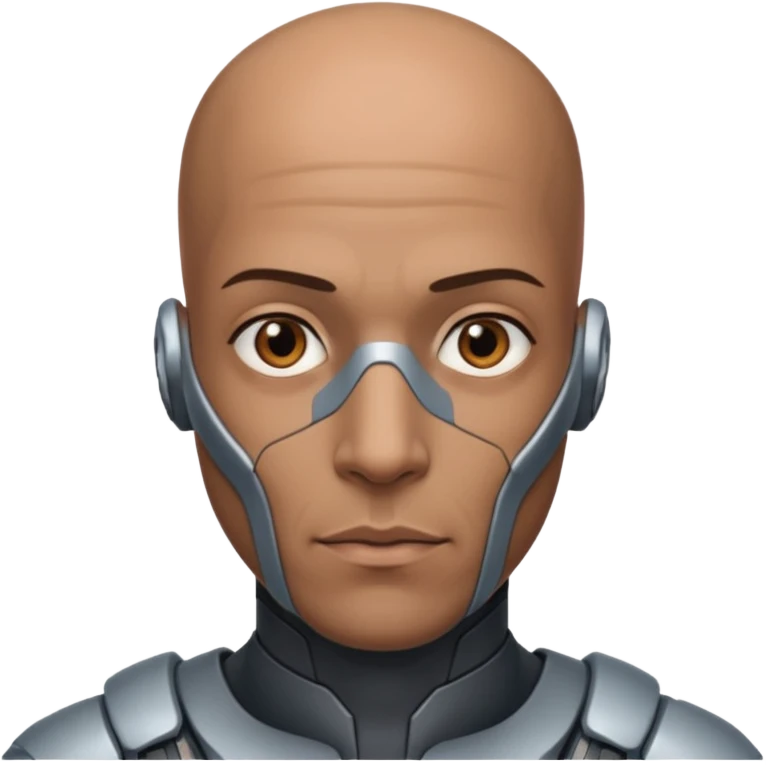 bald dark brown man, vertical half of his face covered in cyborg augmentations emoji