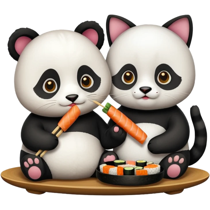 panda and cat eatting sushi together emoji