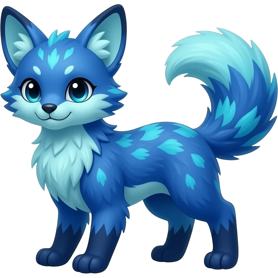 Feral Rare Fantasy shiny soft fuzzy furry vibrant tropical cobalt-blue and cyan Vernid-Trico-species-creature by LiLaiRa, random markings, tufted tail, tufted ears, full body emoji
