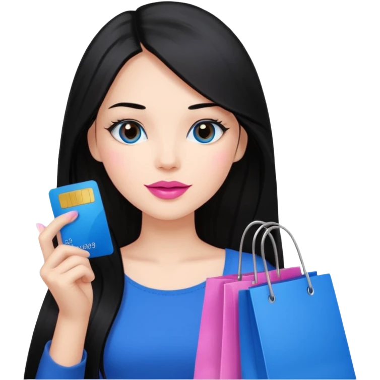 Girl with long black hair and crown, pink lipstick, brown eyes holding shopping bags and blue credit card emoji