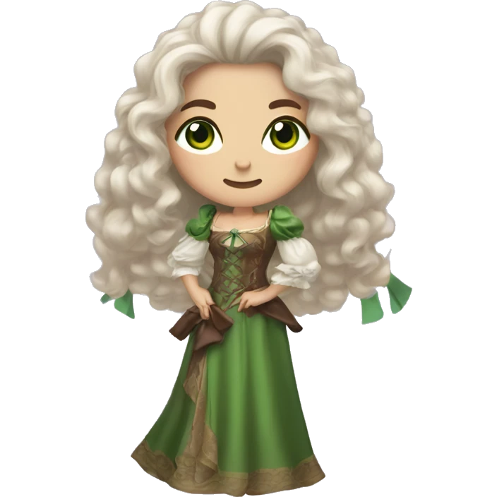 A woman with light skin, with green eyes, brown long wavy hair, dressed in a fantasy dress with fluffy sleeves, holding a bow for shooting emoji