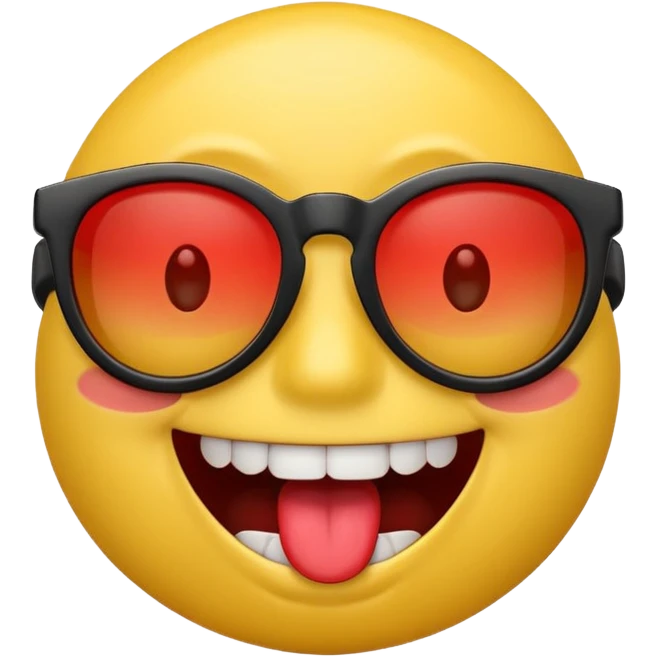 3D emoji character with bright yellow face, wide open smile showing white teeth and red tongue, raised brown eyebrows, and black sunglasses, rendered in a playful and glossy style on transparent background emoji