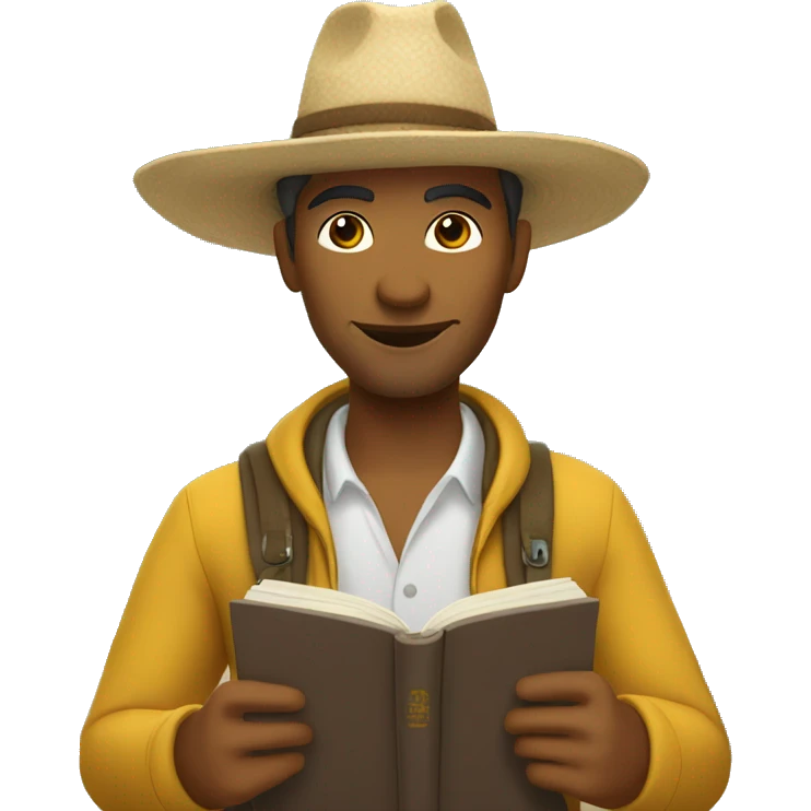 mexican tourism host, wearing adventure clothes, with not too dark brown skin, reading a book  emoji