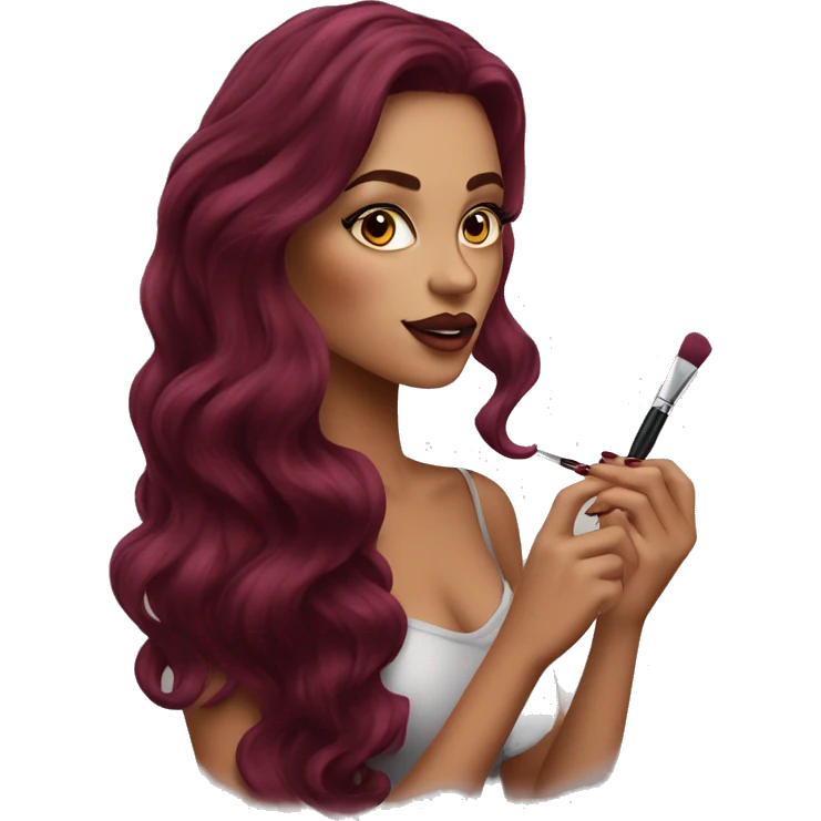 Beautiful tattooed burgundy long haired woman doing her makeup emoji