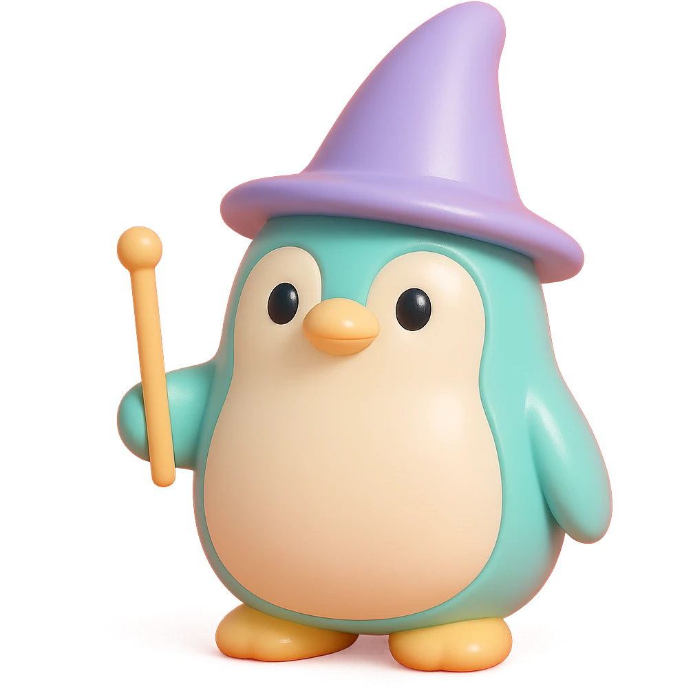 A penguin wizard with a tall pointed wizard hat, holding a magic wand. The penguin has a round plush body, friendly eyes, and a soft texture. emoji