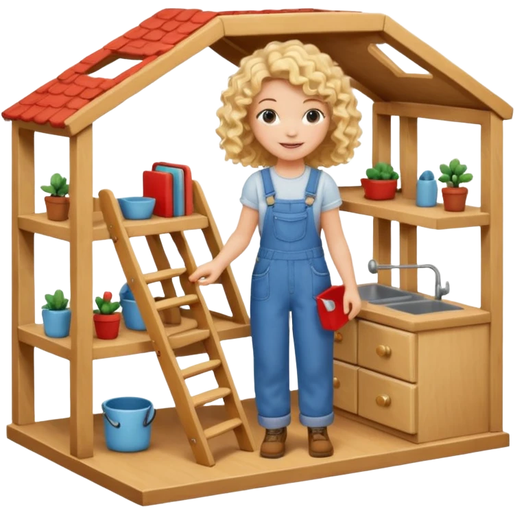 smiling blonde curly girl arranging furniture in doll house with overalls emoji