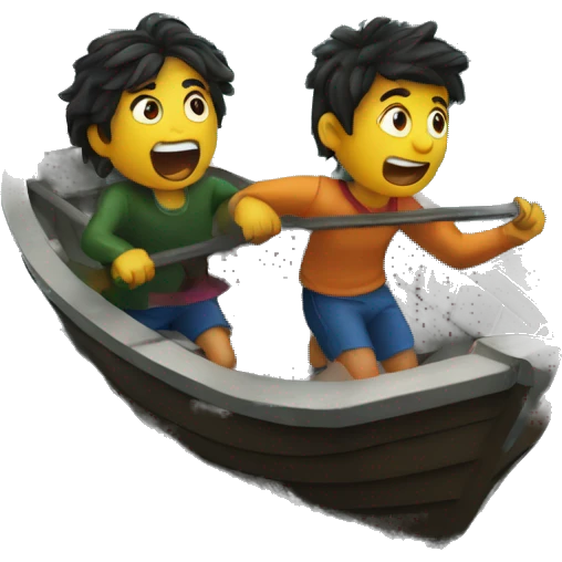 two friends escaping in boat in stormy ocean emoji