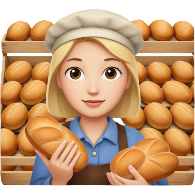Shopper with small bread loaf,Farmers’ Market, background bakery shop, market. emoji