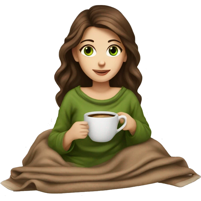 A beautiful girl with brown hair and green eyes cozy with a nude blanket and a cup of coffee  emoji