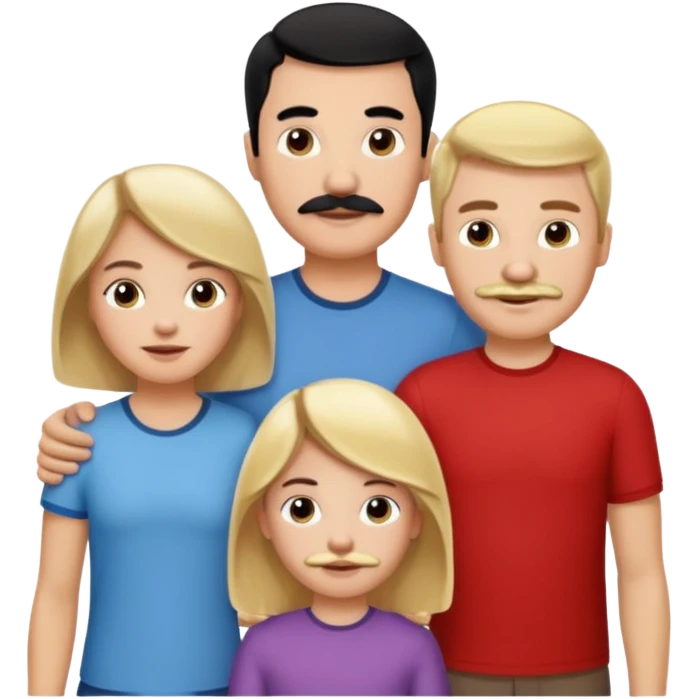 Family of 5. Mom, dad, 2 boys, one girl. Kids have blonde hair. Mom has light brown hair. Dad has black hair with mustache. emoji