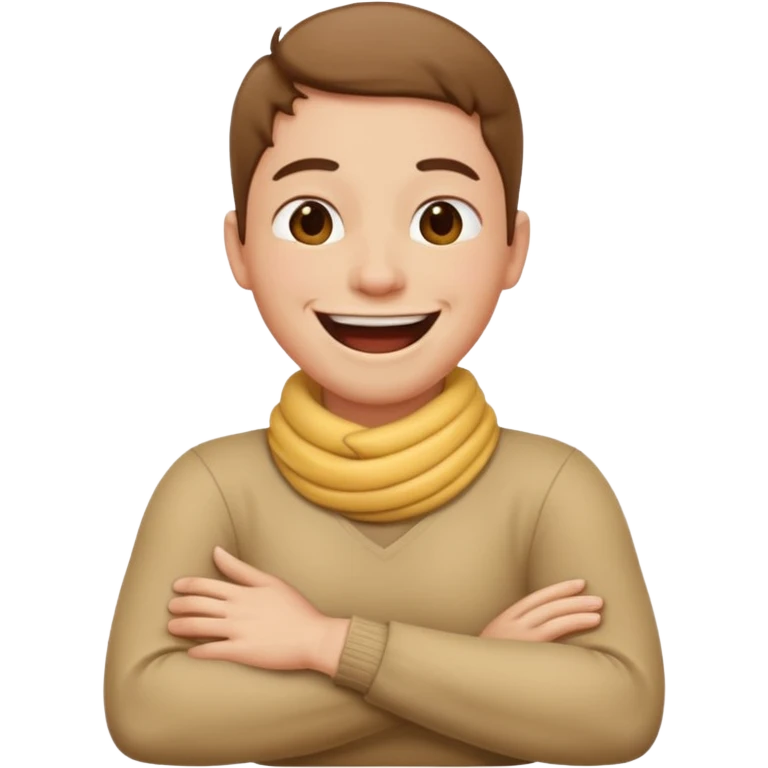 Person with arms crossed while holding neck and laughing emoji