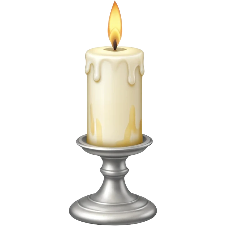 A silver candlestick holding a thick pillar candle glowing warmly. emoji