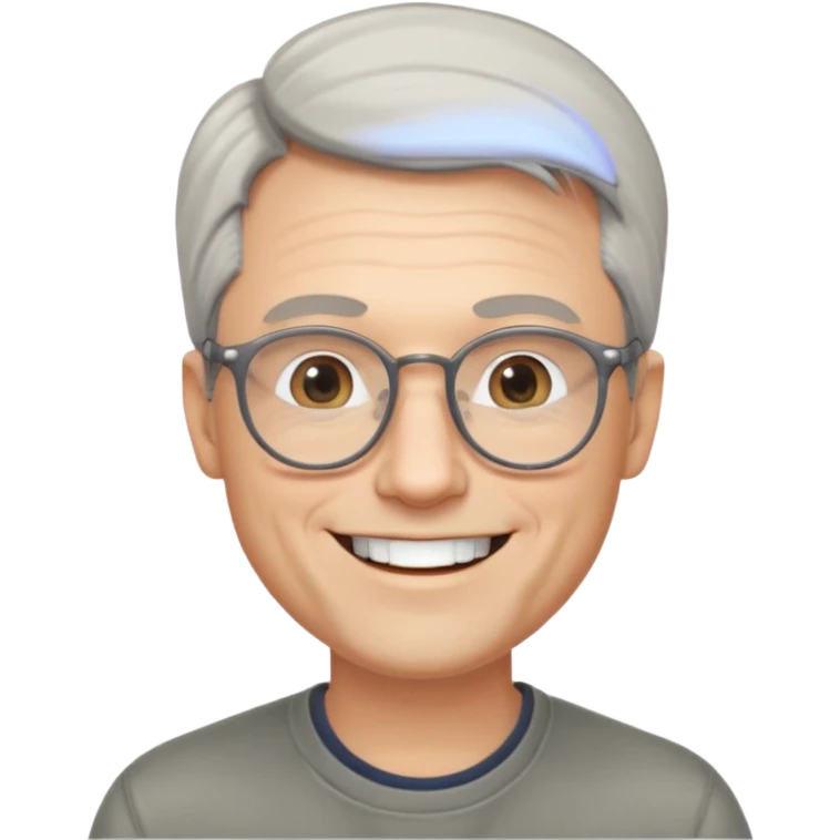 40 yr old pale white man, grey side swept hair, round glasses, big smile, white teeth, handsome, longer hair, thin glasses, no wrinkles emoji