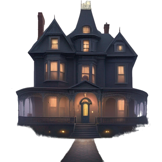 Fantastic Wide full view, A very roomy ramshackle Victorian Addams’s mansion looms through light fog at dusk  emoji