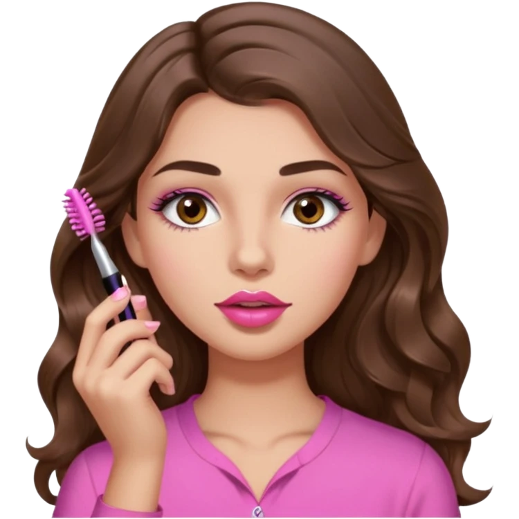 girl with long wavy brown hair, brown eyes, light to medium complexion, in a pink shirt, pink lips, long lashes, puckered lips, putting on mascara emoji