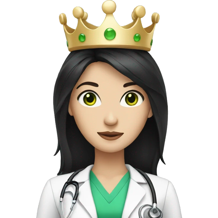 White Female doctor with green eyes, long black hair and a crown emoji