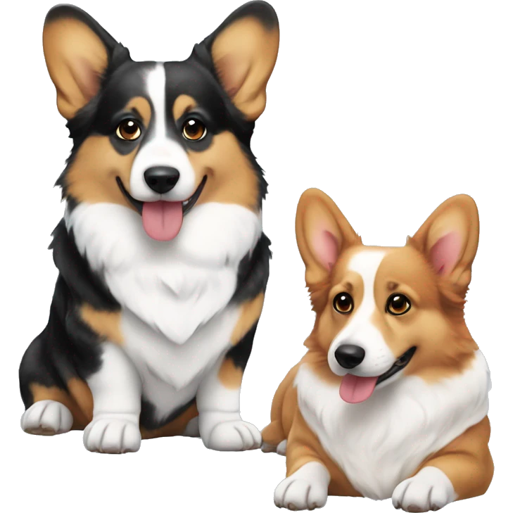 Three corgis sitting together with no tails. One is a red headed tri, one is a black headed tri, and one is a blue Merle with blue eyes emoji