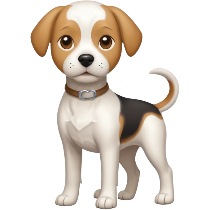 a full body white beagle x maltese x chi dog the size of a kelpie with light brown ears and a light brown patch on one eye emoji