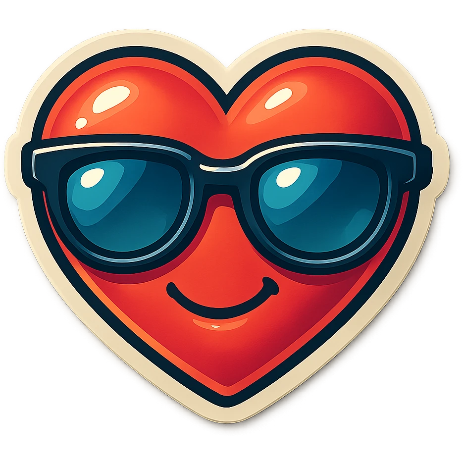 retro sticker style heart with sunglasses, bold and playful emoji