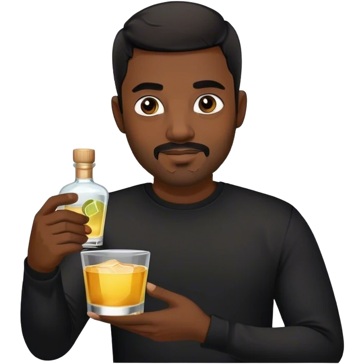 dark black guy, short black hair, facial hair, holding tequila, black shirt  emoji