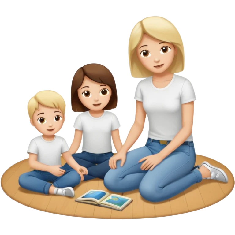 create a flat illustration of a children's room where the mother is sitting on the floor and two children are playing nearby emoji
