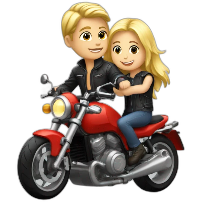 Garçon blond + fille blonde à l'arrière sur une moto ducatti emoji