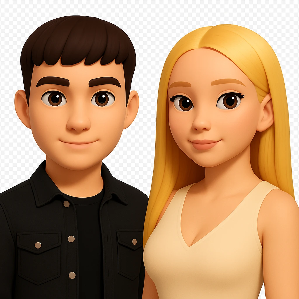 Slightly increase the volume of the upper body of the girl, separate the girl and the boy from each other, make the skin color the same for both. Maintain the cartoonish 3D style look as in the reference image. Keep the background transparent. emoji
