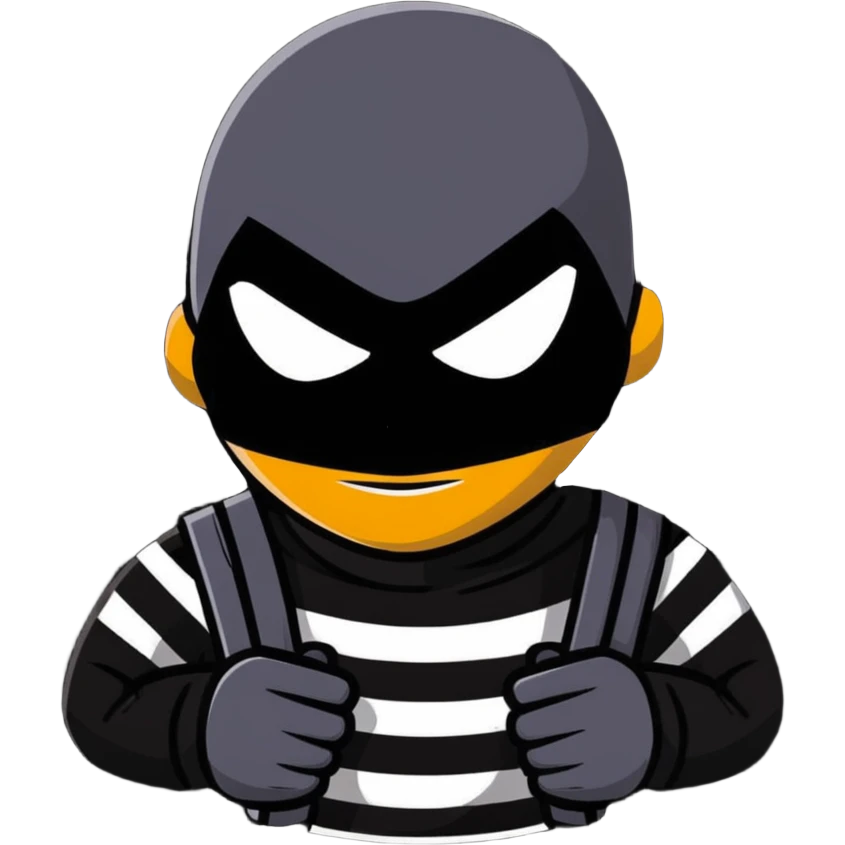 intimidating robber with black mask around eyes, striped shirt, sneaky and menacing expression, no weapons emoji