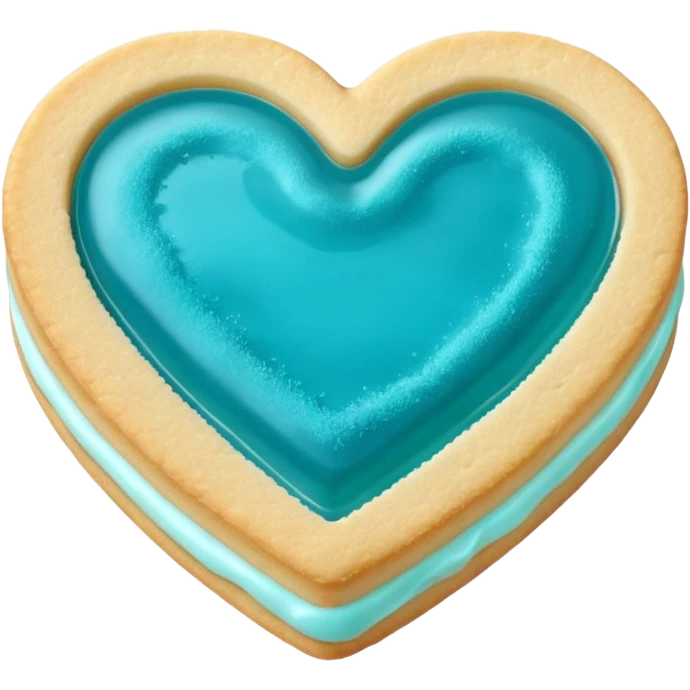 Realistic shortbread cookie in the shape of a heart with Tiffany blue color jelly middle filling and sprinkled powder sugar on top. emoji