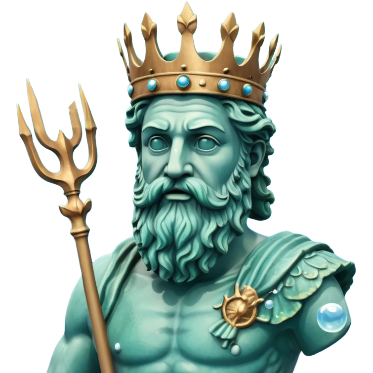 Bust of Poseidon underwater, Greek god with beard and crown, sea god statue with trident, bubbles around, blue water background emoji
