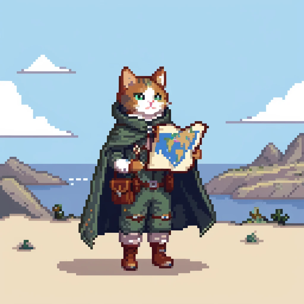 Cat explorer holding map, mountain landscape with stars, wearing explorer gear with cloak blowing in wind, gazing at horizon emoji
