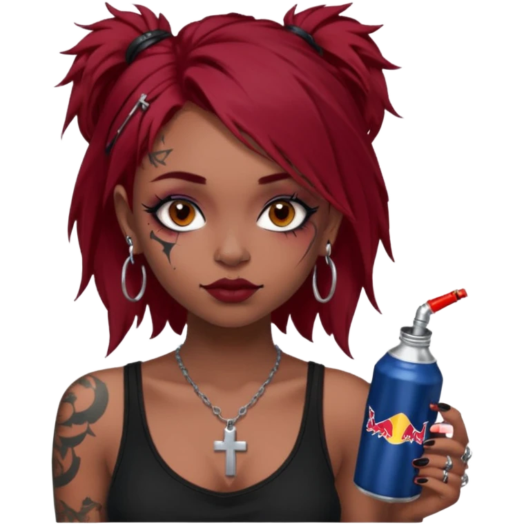 generate an ios genmoji of a girl with dark red messy hair with eyeliner on her eyes.  septum piercing, wearing a cami black top, has tattoos, on shoulders. ear piercings. wearing a cross silver necklace. Holding a redbull. dusky skin color.  emoji