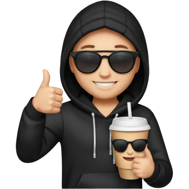 emoji di Gesù con felpa nera, sulla felpa in bianco scrivi "SKUIRTER" con occhiali da sole un pollice in su e in una mano un bicchiere di carta
 emoji