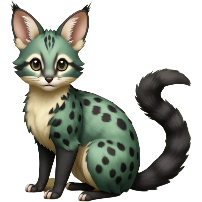 Dark-Green, black-pointed, soft natural realistic romantic vintage antique divine beautiful elegant pretty precious cute young youthful  Fakémon-Pokémon-opossum-feline-serval-caracal-chinchilla-Minccino-Cinccino-Meowstic-rodent-hybrid-creature with a big fluffy bushy tail (full body) emoji