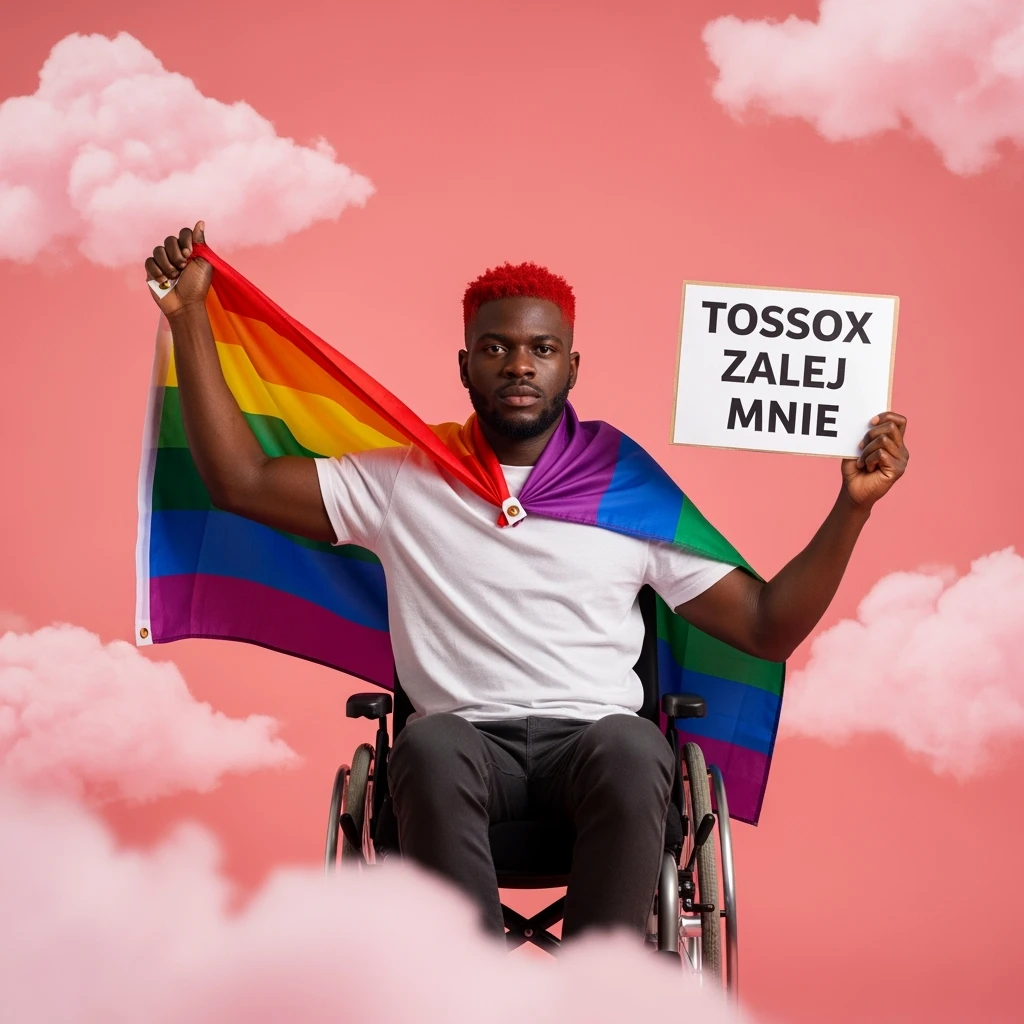 Black man with red hair sitting on wheelchair holding lgbt flag holding text "T0ssox zalej mnie" pink clouds around, pink sky with pink back light emoji