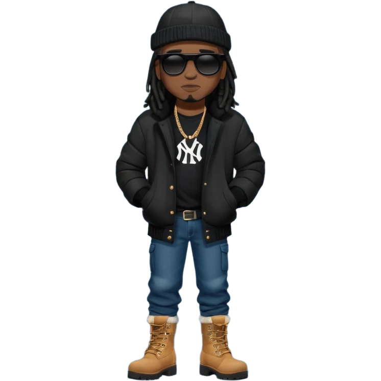 African American man with shoulder length black dreadlocks wearing black sunglasses with black bubble winter coat wearing a New York Yankees baseball hat with arms folded wearing denim skinny jeans and timberland boots emoji