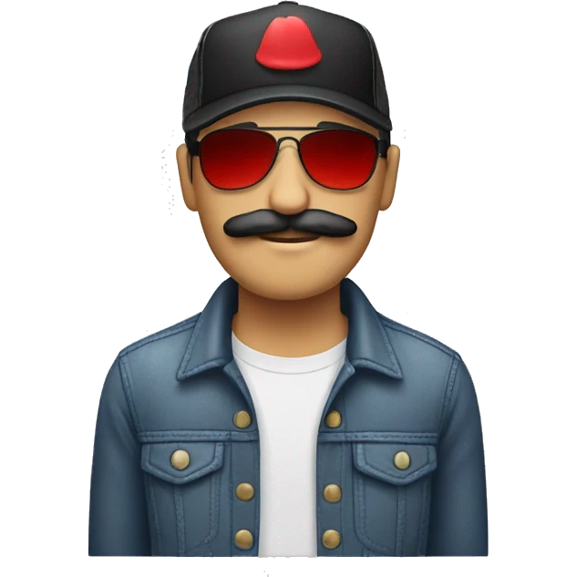 a white male with black hair, wearing red with a moustache and a trucker hat and sunglasses  emoji