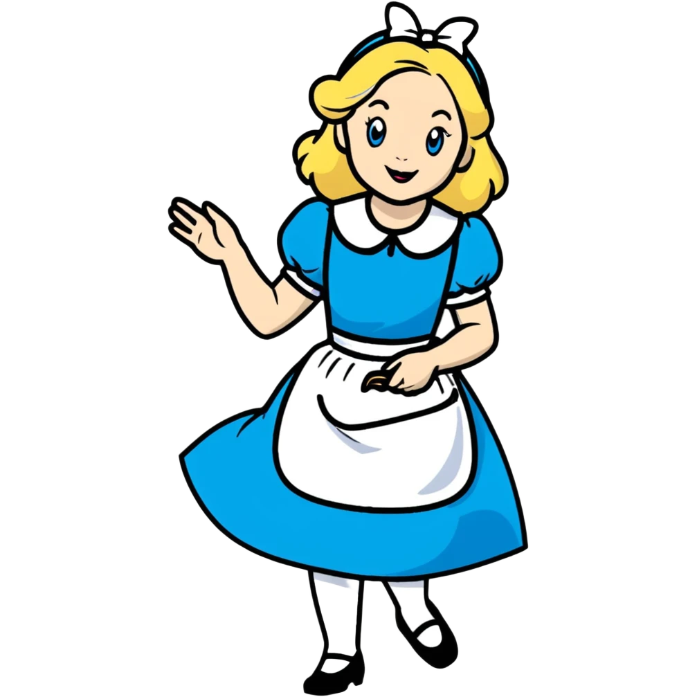 Disney's animated Alice in Wonderland performing a curtsey in her blue dress with white apron emoji