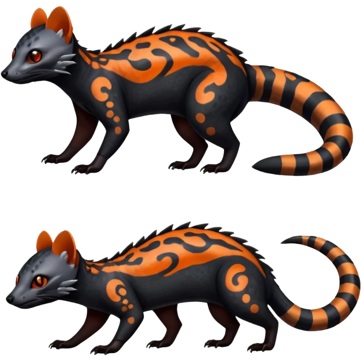 Rare warm-colored exotic edgy epic aesthetic spooky dark modern colorful cyber-Genet-Trico-Salandit-Civet-species-Fakemon-hybrid-creature, with beautiful intricate markings, full body emoji