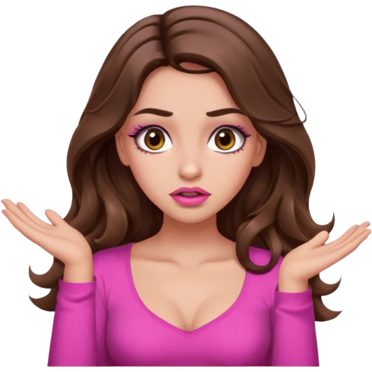 girl with long wavy brown hair, brown eyes, long lashes makeup, sexy pink lips, light to medium complexion, pink sexy top, shrugging with both hands, confused emoji