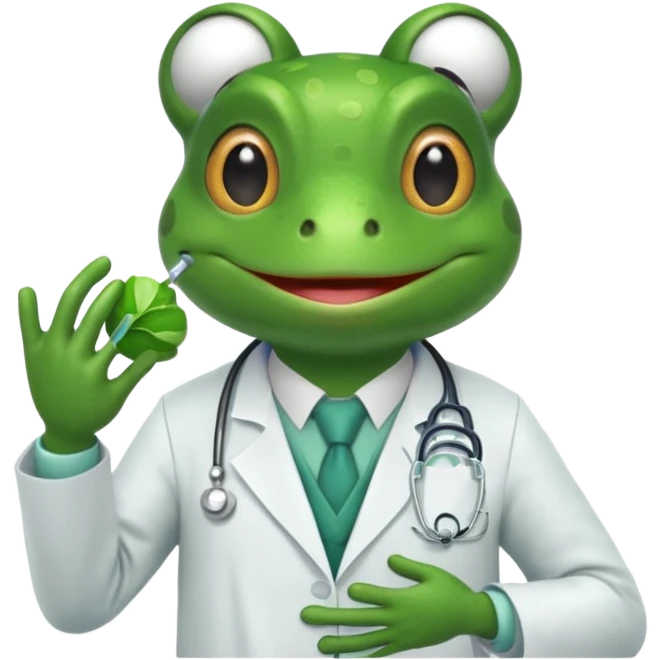 A frog in a doctor’s coat, happily examining a patient, portrait emoji