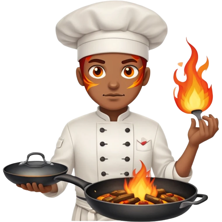 proud chef with blazing fire eyes, crossing two skillets across chest like a warrior emoji