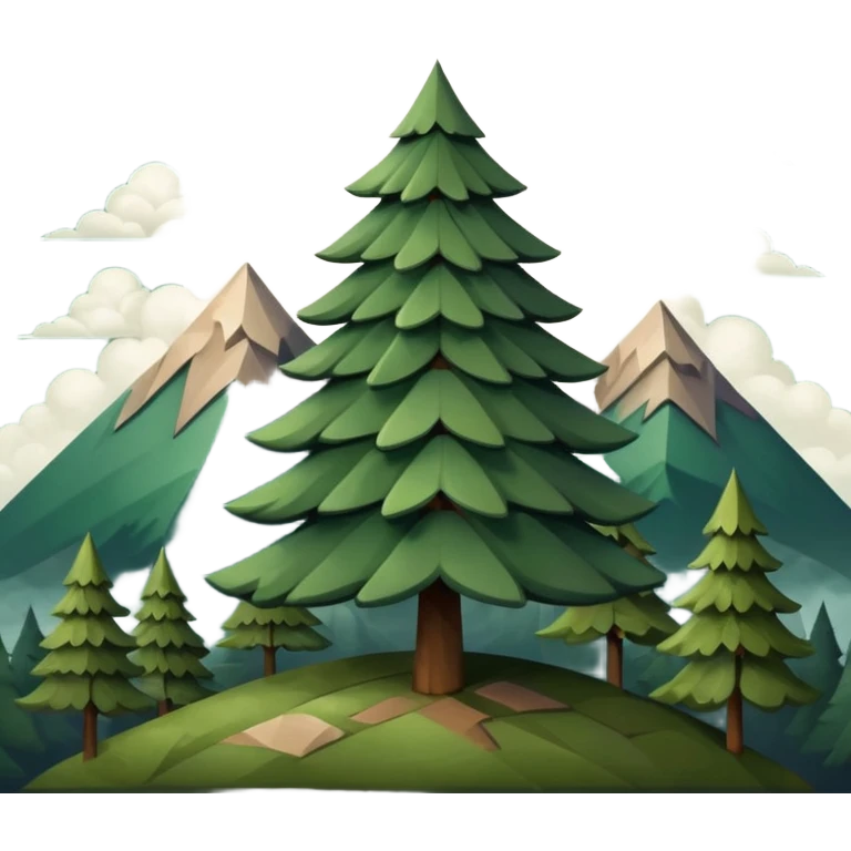 simple single evergreen tree with clouds and mountain in folk style, dark neutral forest colors, favicon or emoji style emoji