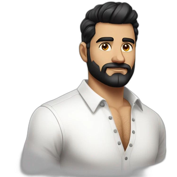 close up of white skin indian in plain white shirt with sleeve up and quiff black hair style and beard emoji