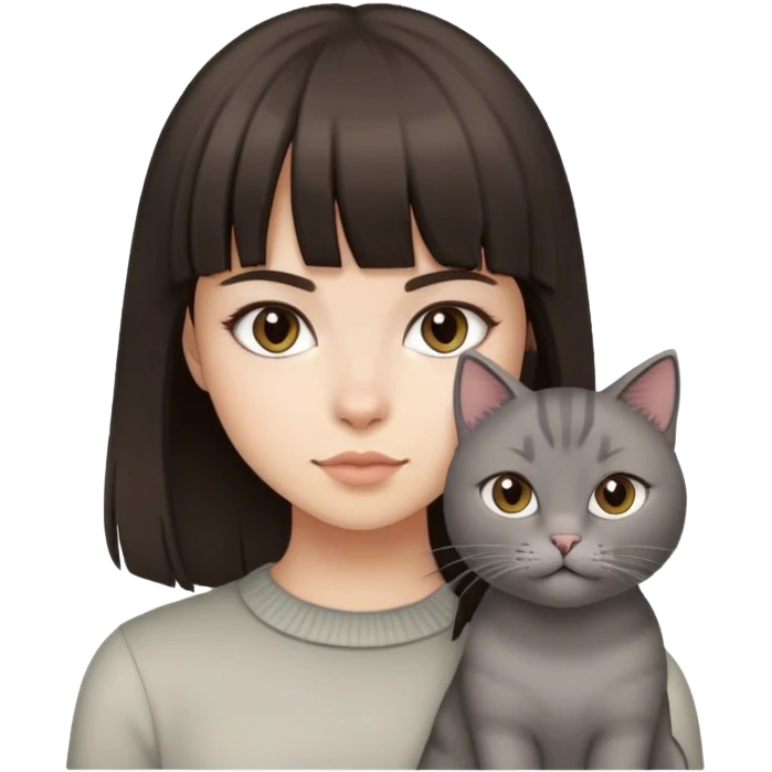 Dark Brown hair girl with fringe and a grey cat emoji