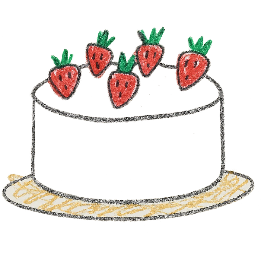 round white cake with strawberries on top, simple and cute, children doodle style emoji