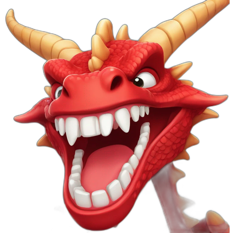 Crazy funny red dragon head with human white teeth and beautiful smile emoji